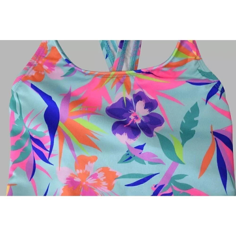 LANDS' END GIRL'S AQUA TROPICAL ONE-PIECE SWIMSUIT UPF 50